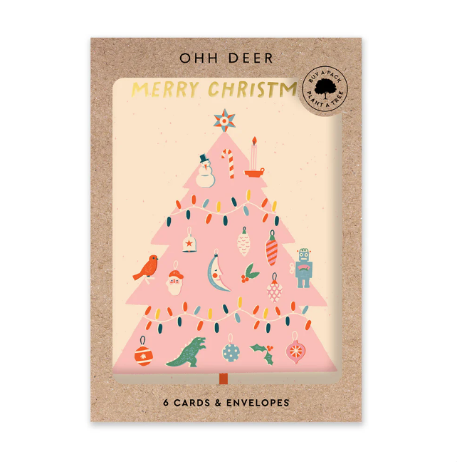 Κάρτα Merry Christmas Pink tree - σετ των 6