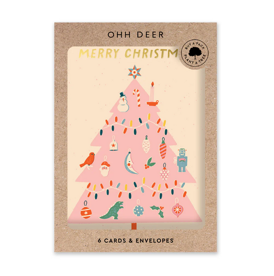 Κάρτα Merry Christmas Pink tree - σετ των 6